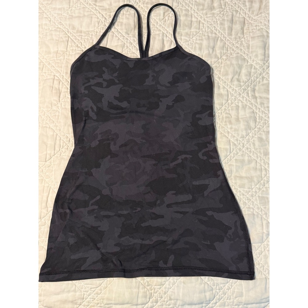 Lululemon Power Y Tank Top Women 4 Black Camo Yoga Athletic built in bra